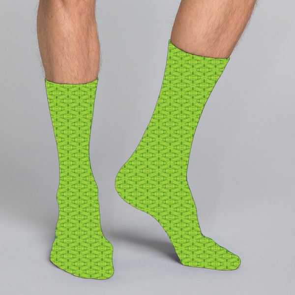 Men's and women's casual crew socks in unique colorful design celebrating food, fashion, fitness, fun