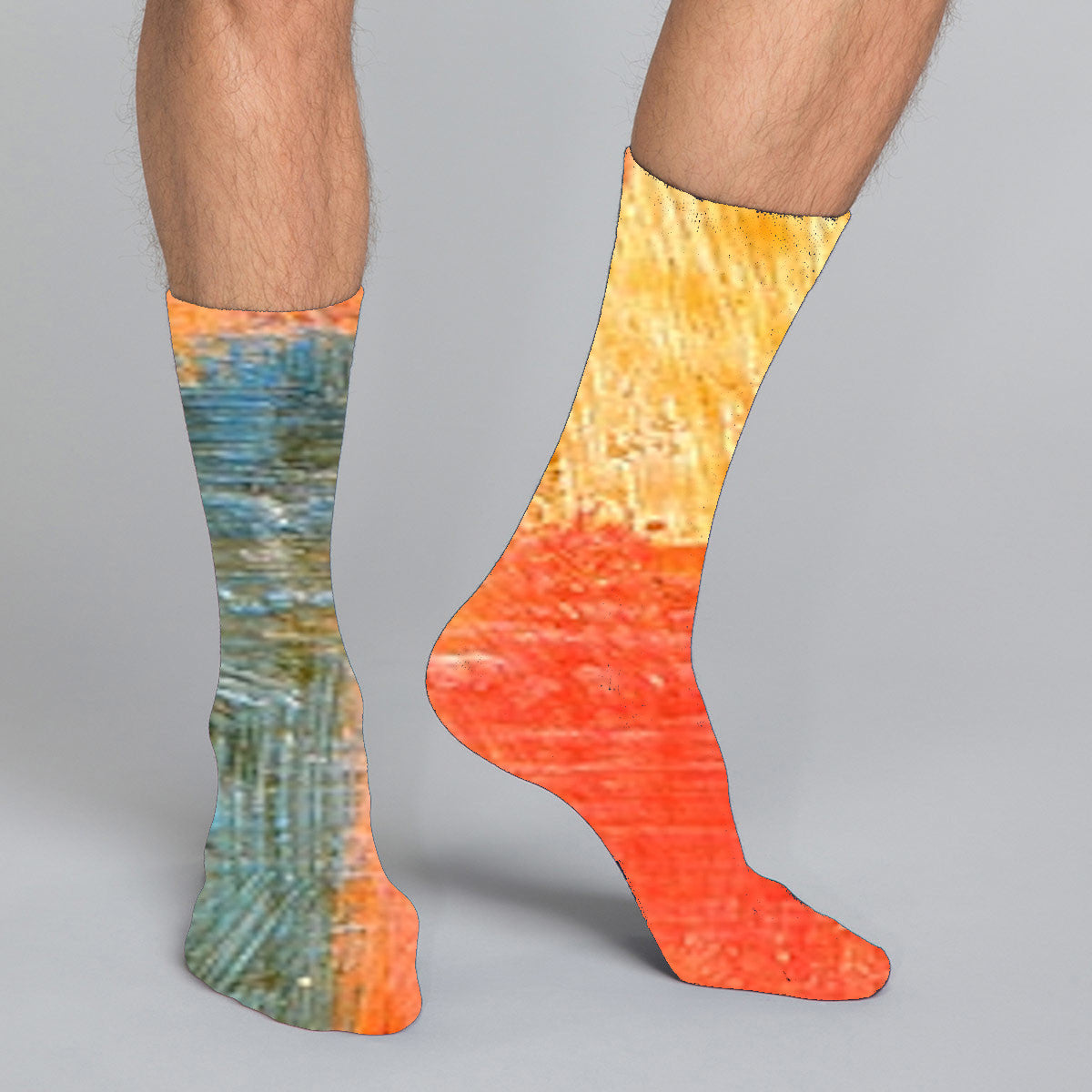 Women's and men's casual crew socks in unique colorful design celebrating food, fashion, fitness, fun