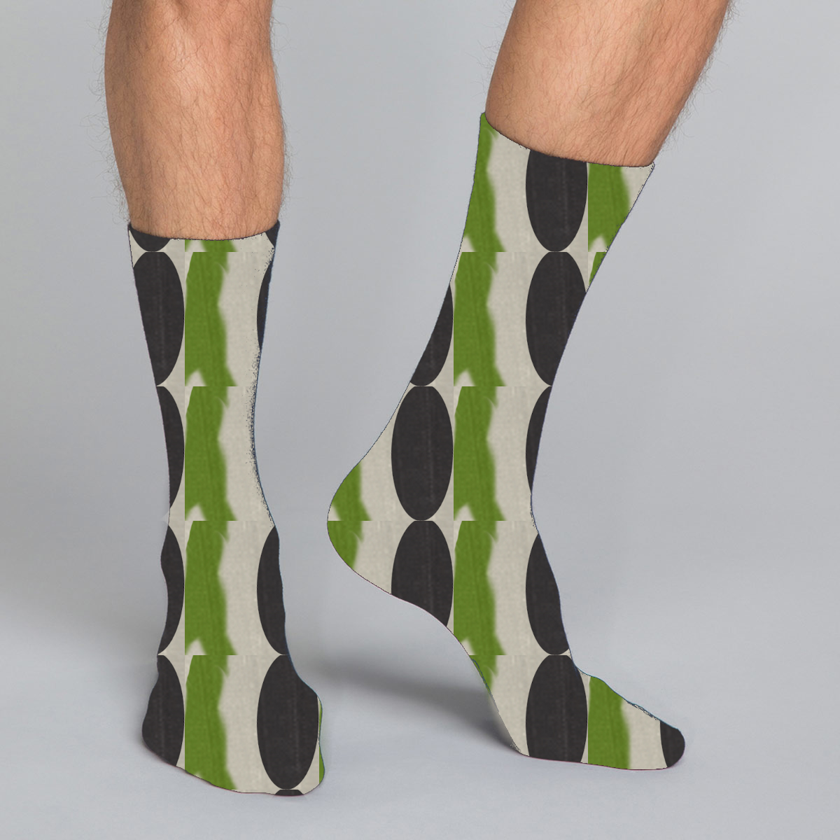 Women's, men's & youth's casual crew socks in unique colorful green, brown and beige design celebrating food, fashion, fitness, fun