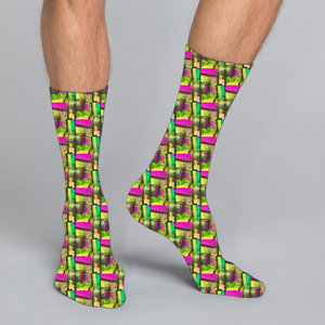 Women's, men's & kids' casual crew socks in unique funky colorful design celebrating food, fitness, fashion, fun